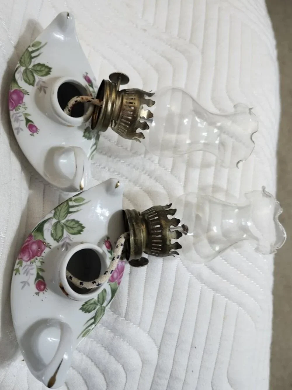 2 Hurricane Kerosine oil lamps pair Porcelain Pink Roses gold trim white lantern